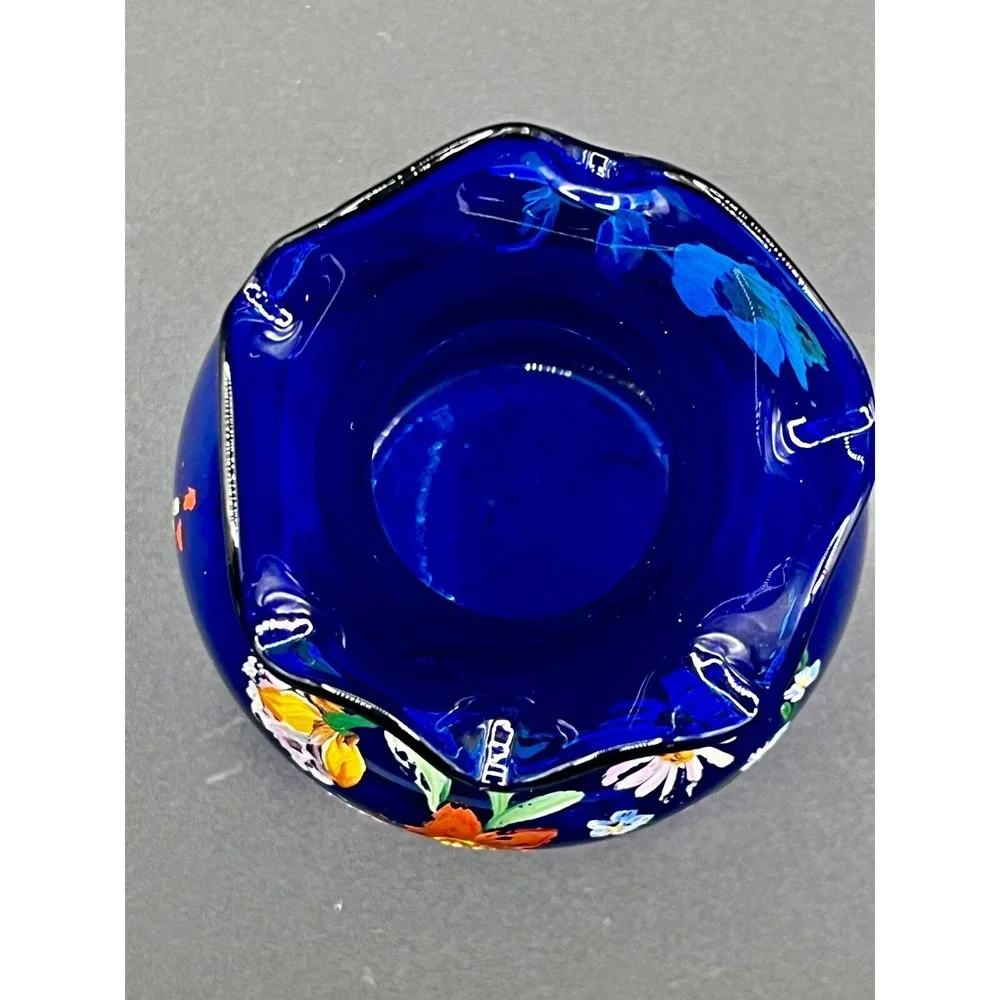Vintage Cobalt Blue Hand Blown Glass Ruffle Vase. Hand Painted Lot‎ of two